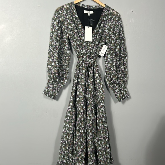 Joie Gabrielle Midi Cotton Tiered Skirt Balloon Sleeves Belted V Neck Dress sz 4 - Picture 10 of 17